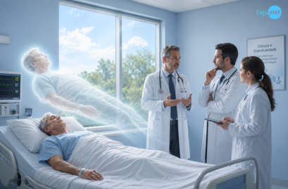 Paciente idoso deitado em uma cama de hospital enquanto médicos conversam ao lado, e uma representação etérea de seu corpo parece se elevar acima dele, sugerindo uma experiência de quase morte. No canto superior direito, destaca-se o logotipo azul 'Espnet'