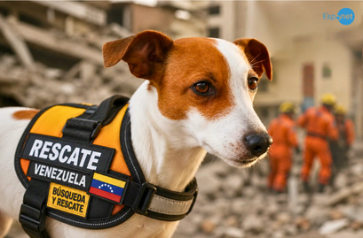 Cão de resgate usando um colete com a identificação “Rescate Venezuela”, em frente a uma área de escombros onde equipes de resgate trabalham. No canto superior direito, destaca-se o logotipo azul 'Espnet'