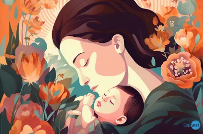 Ilustração de uma mãe serena, de olhos fechados, segurando um bebê adormecido. Estão rodeados por flores em tons quentes, em estilo romântico e poético