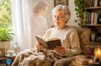Mulher idosa sentada em uma poltrona, lendo um livro em um ambiente aconchegante, com uma mulher mais jovem ao fundo, desfocada como se fosse um espírito, e plantas, livros e objetos decorativos ao redor. No canto inferior esquerdo, destaca-se o logotipo azul 'Espnet'