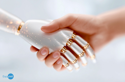 Mão humana segurando e apertando a mão de uma prótese robótica branca com detalhes dourados, simbolizando a interação e parceria entre humanos e inteligência artificial. No canto inferior esquerdo, destaca-se o logotipo azul 'Espnet'