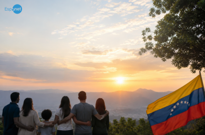 foto de 6 pessoas abraçadas contemplando o nascer do sol e uma bandeira da Venezuela no campo inferior direito. Demosntrando esperaça do recomeço